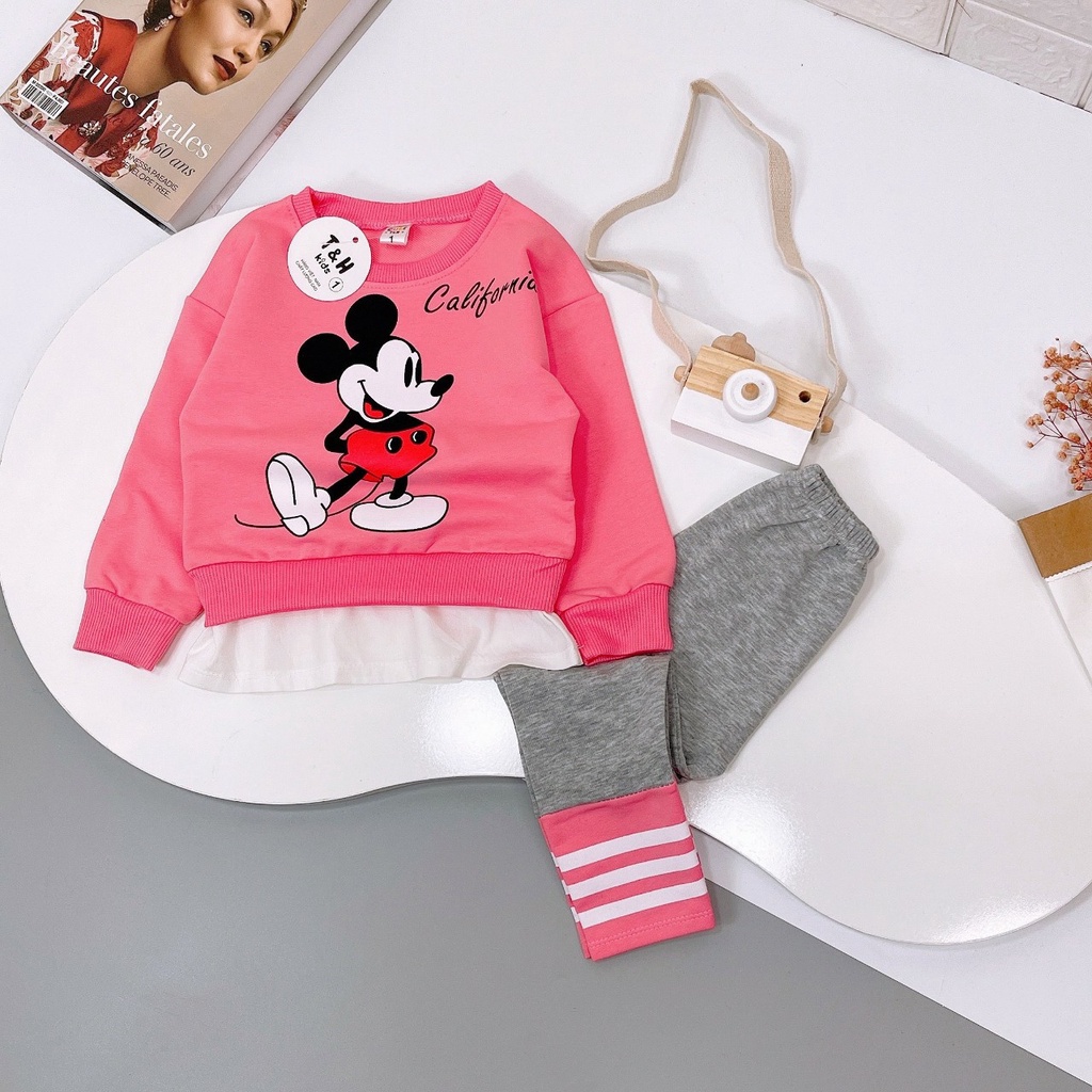 Đồ bộ bé gái thu đông  Set áo nỉ da cá dài tay, cổ tròn, họa tiết chuột mickey và quần legging cho bé từ 8 đến 20 kg