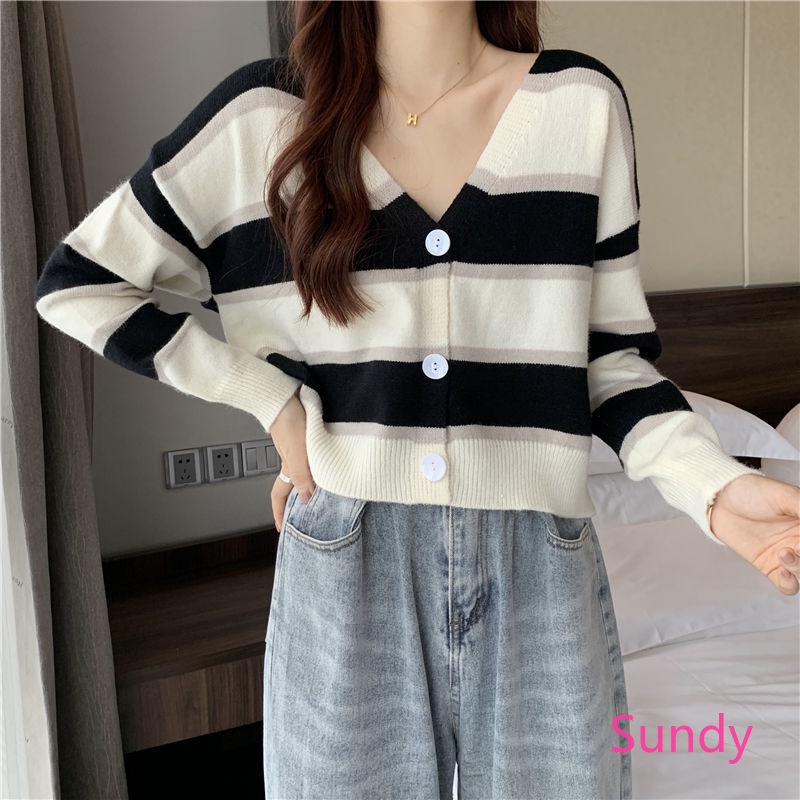 Áo khoác cardigan dệt kim cổ chữ V kẻ sọc phong cách mùa thu cho nữ