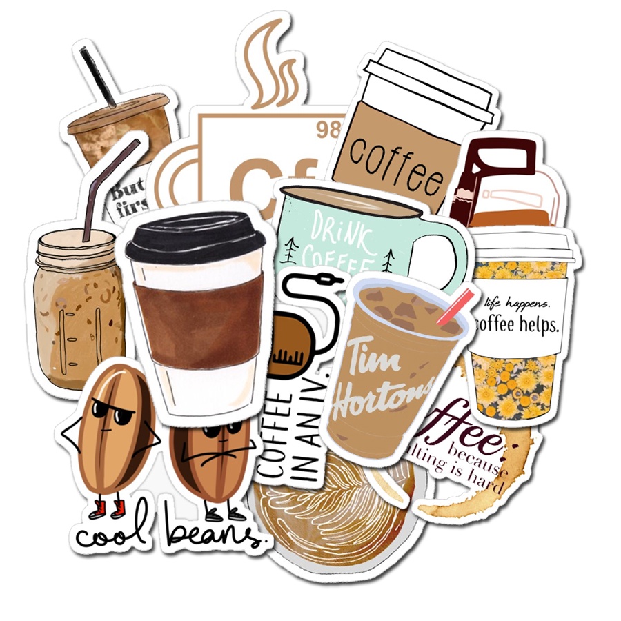 Bộ sticker chống thấm nước trang trí mũ bảo hiểm, đàn, guitar, ukulele, điện thoại laptop chủ đề coffee cafe
