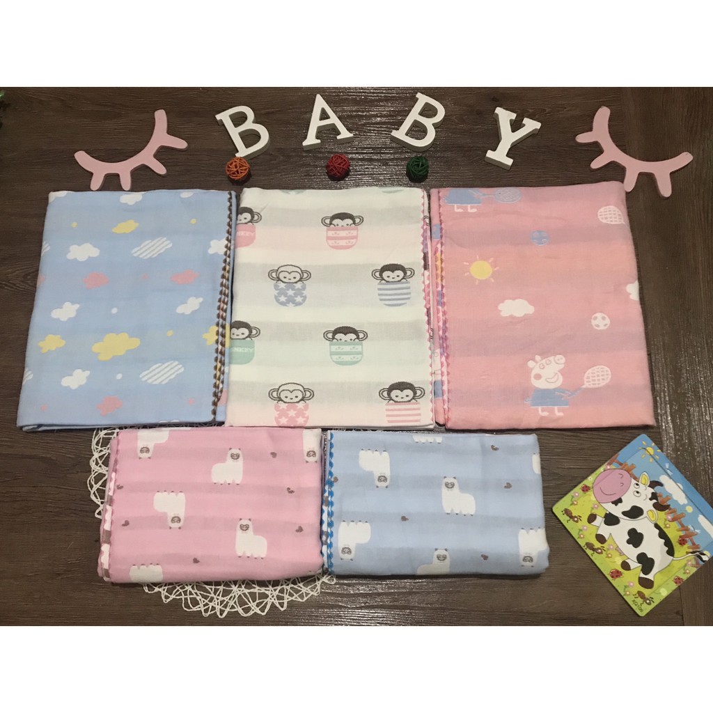 Khăn tắm sợi tre Lele 4 lớp bo viền họa tiết mới (khăn 2 mặt)