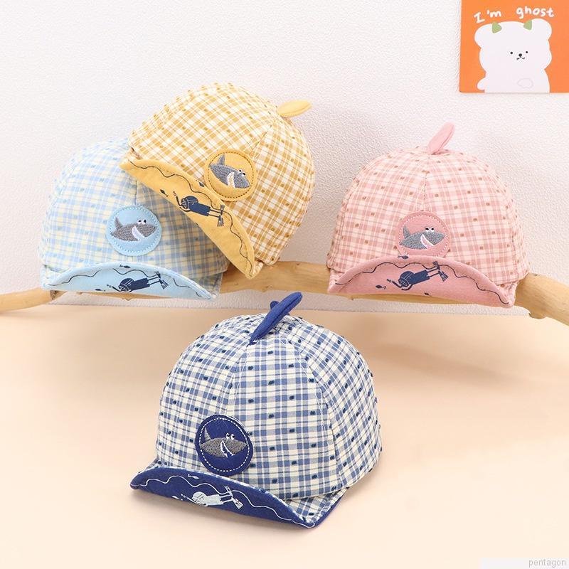 Mũ lưỡi trai vải cotton vành mềm mại chống nắng họa tiết cá mập kẻ sọc kiểu Hàn Quốc cho bé