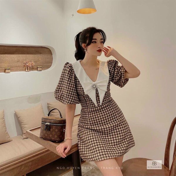 Đầm tiểu thư, đầm thiết kế caro nâu tay phồng cổ trắng đính nơ , váy ziczac dáng ngắn tay búp xoè đi tiệc sang chảnh