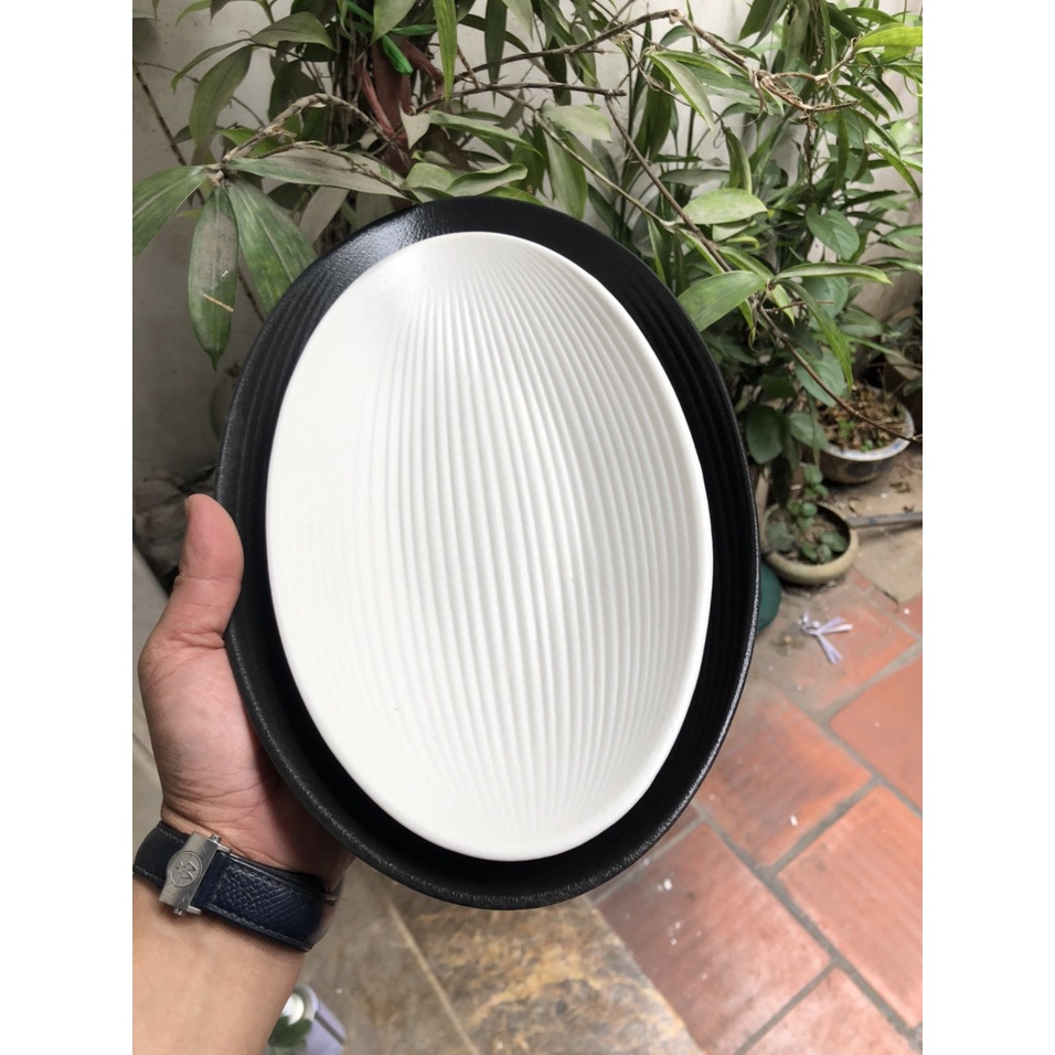 Đĩa cá, đĩa oval men nhám vân sọc chống xước p/c Bắc Âu - Đĩa nhà hàng cao cấp, sứ không chì