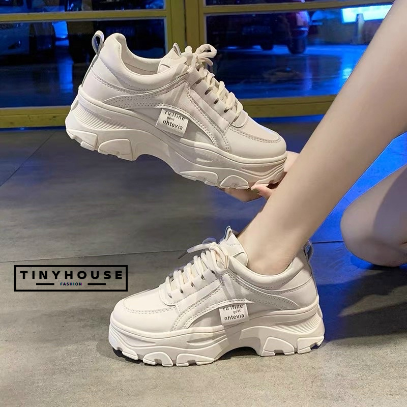 Giày Sneaker nữ đế độn 5cm màu trắng chất da xịn cao cấp fullbox quảng châu, Bata trắng đế thô nữ chống trơn trượt