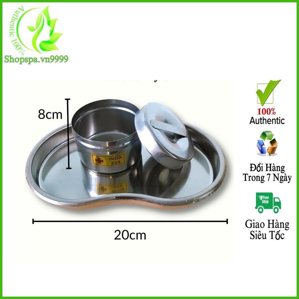 Combo khay hạt đậu + hũ inox đựng bông y tế dùng trong phòng khám, Spa, TMV