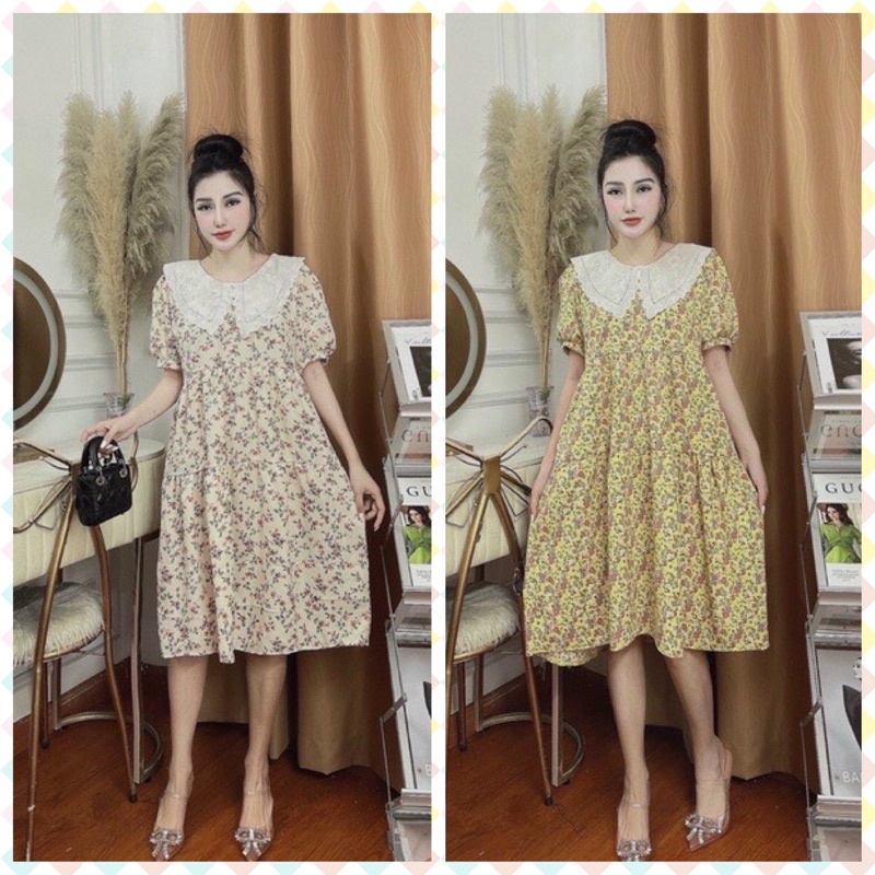 Váy bầu đầm bầu HOA NHÍ cổ ren sen MAMADRESS tay phồng chất voan lụa hoa tiểu thư đẹp rẻ cho mẹ bầu đi làm đi chơi