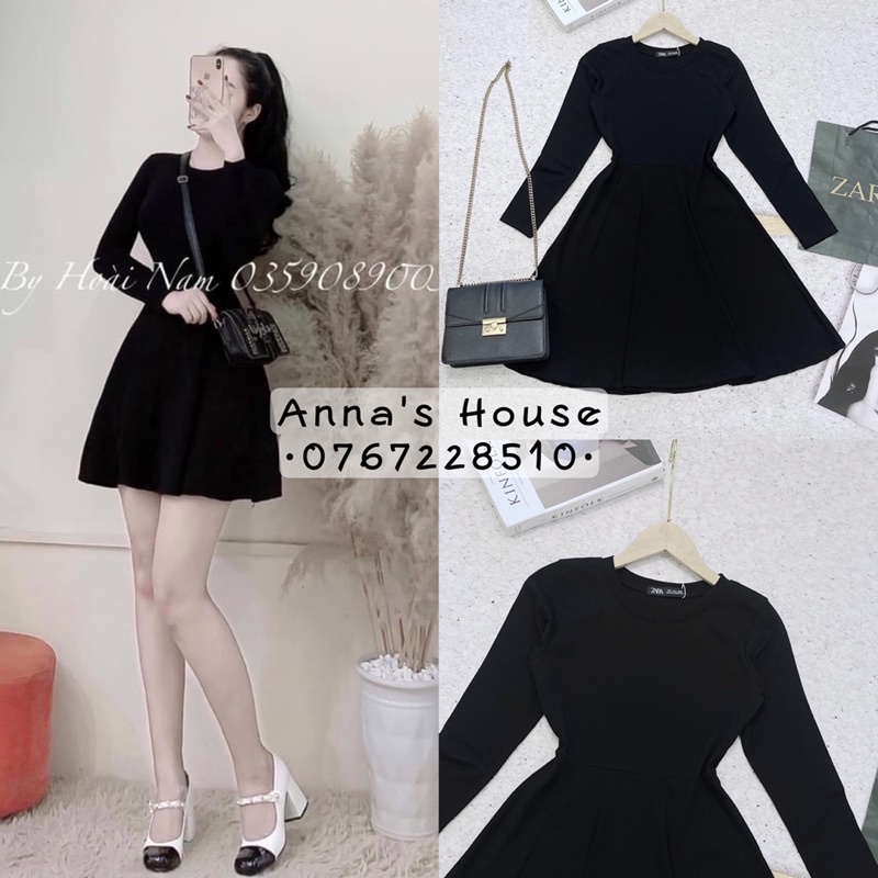 Đầm thun zip đen xoè basic cổ tròn tay dài
