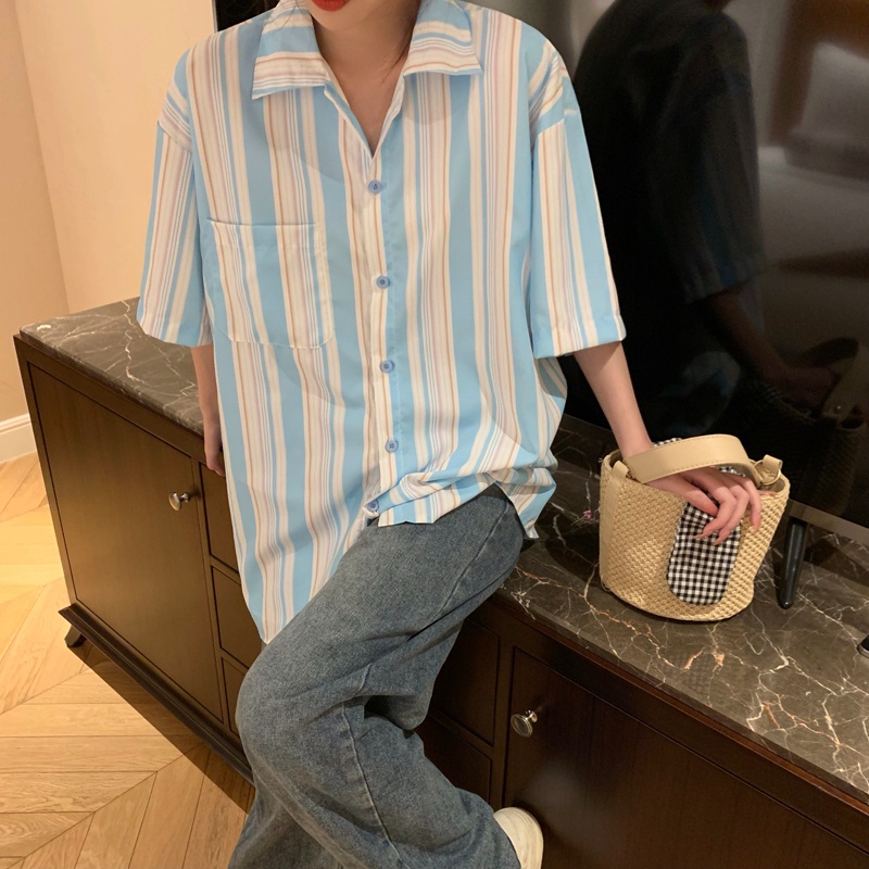 【ZHELIHANGFEI】Áo Sơ Mi Tay Ngắn Họa Tiết Sọc Theo Phong Cách Preppy Dễ Phối Đồ