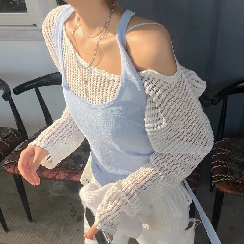 Set áo hở vai dài tay len đan mỏng phối áo yếm buộc dây xanh pastel freesize (ảnh thật ở cuối)