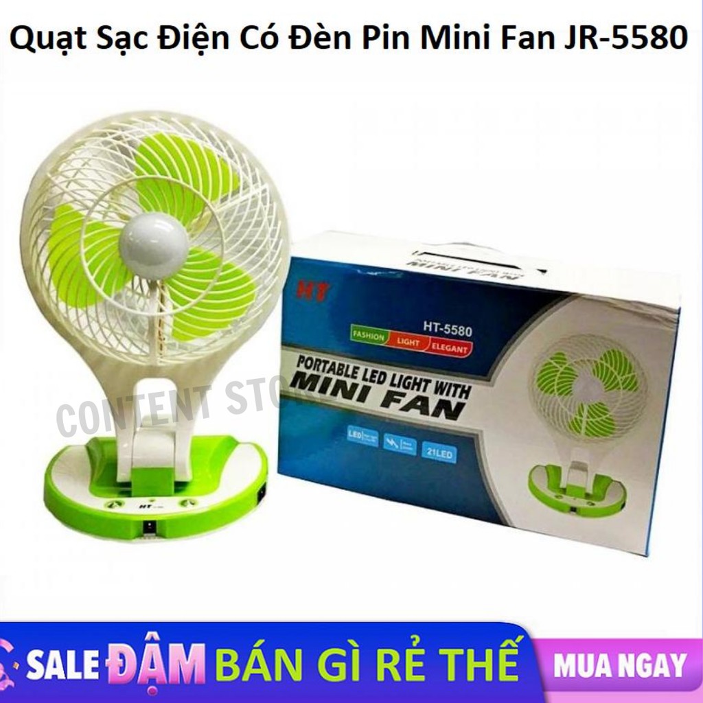 Quạt Tích Điện 5580 Mini Fan 2 In 1 Gấp Gọn + Đèn Chiếu Sáng Thông Minh 2 Chế Độ Gió