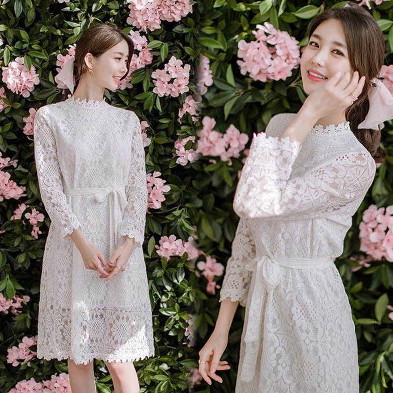 Đầm ren trắng tay dài dáng ôm thời trang mùa thu thanh lịch cho nữ