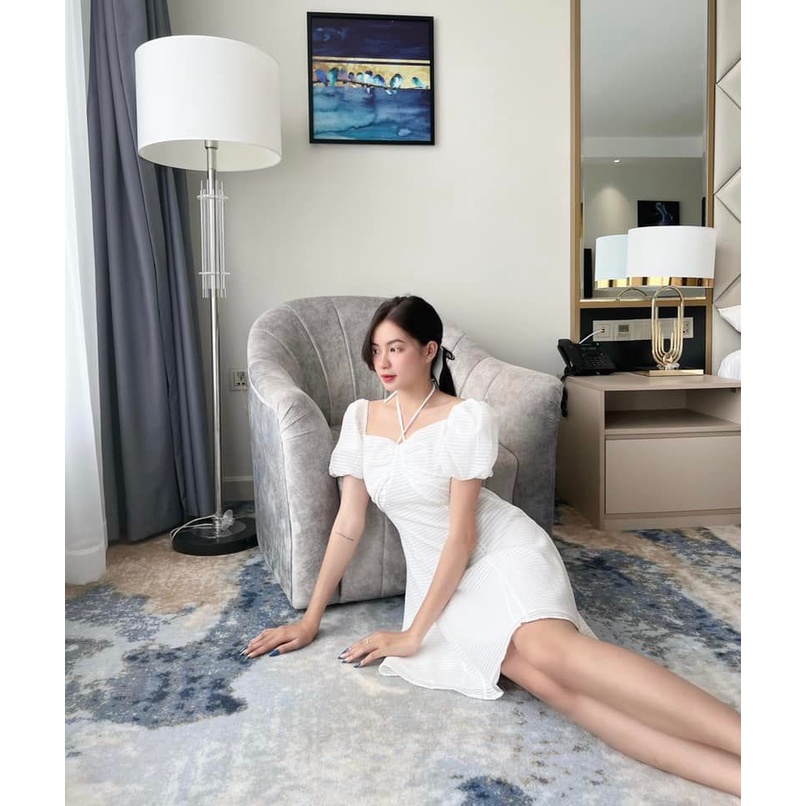 [HÀNG THIẾT KẾ CAO CẤP] Đầm Xòe Tay Phồng Cổ Chéo Vải Xốp Đi Tiệc / Du Lịch Dễ Thương Màu Trắng