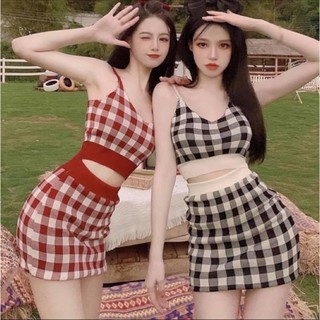 Set bộ áo hai dây ôm caro croptop kèm chân váy body sọc caro ngắn - Order taobao quảng châu