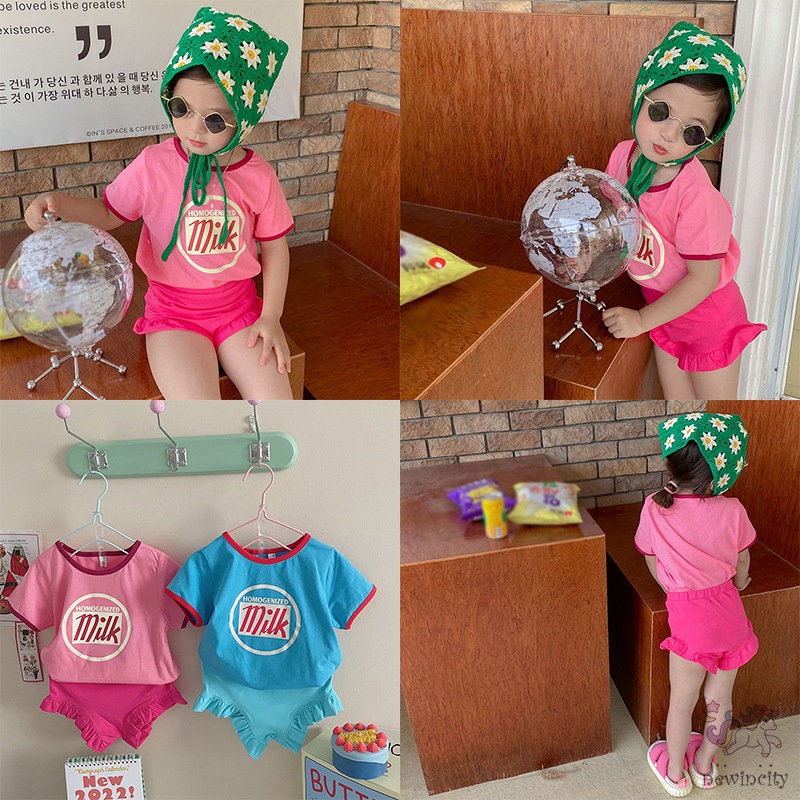 Set Áo Thun Tay Ngắn In Chữ + Quần Short Nhún Bèo Dễ Thương Cho Bé Gái