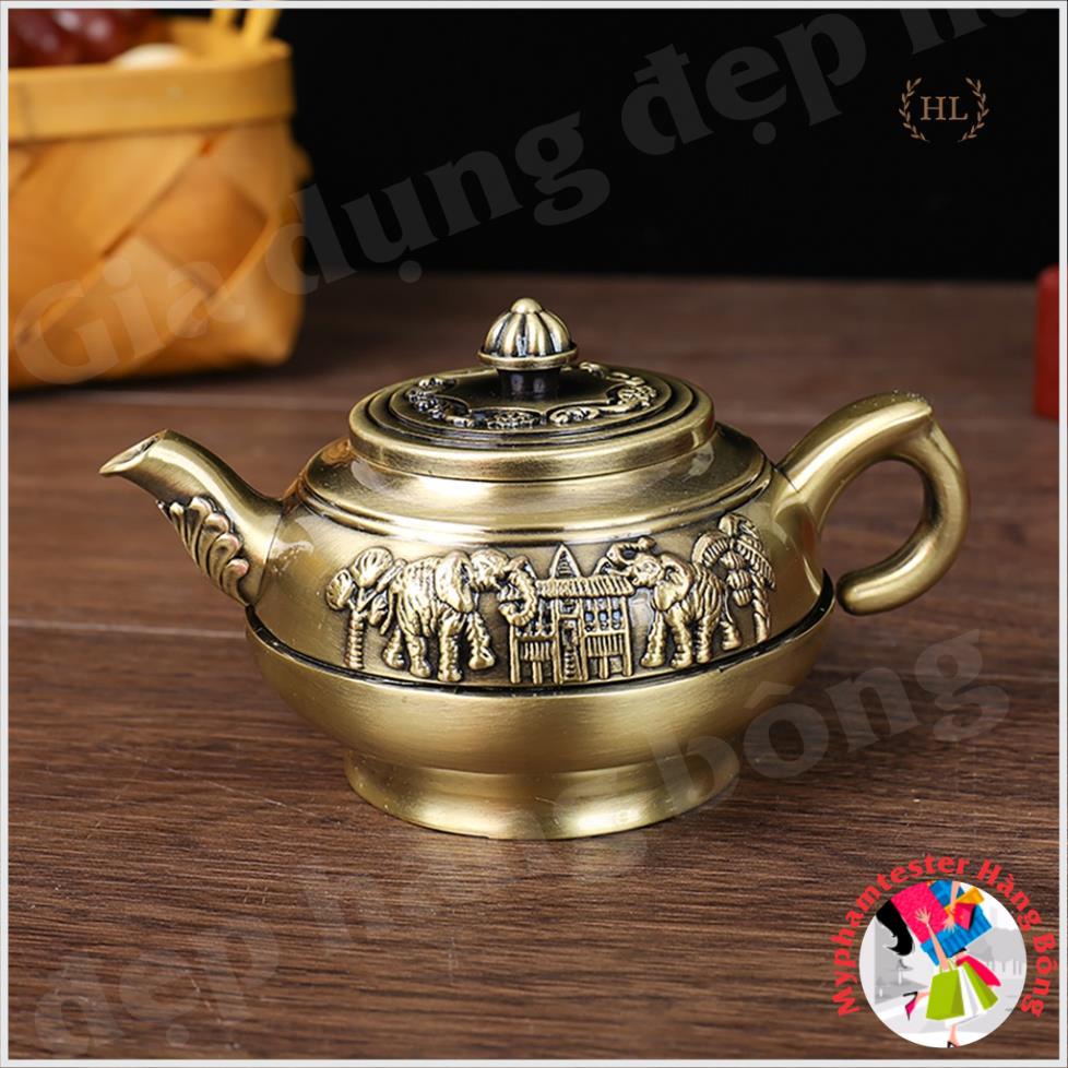 Bộ ấm trà đồng 4 ly - 6 ly | Bộ ấm trà ban thờ phật - thần tài cao cấp hoa văn họa tiết voi Thái phú quý đại cát
