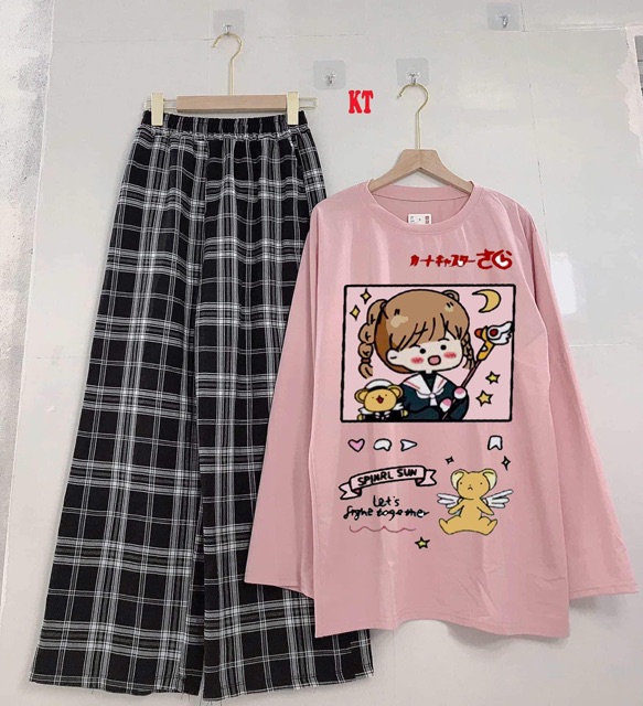 Sét cô gái SUN dài tay + quần kẻ ô THI976