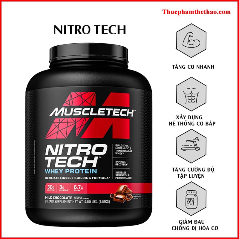 Sữa Whey Protein Tăng Cơ, Săn Chắc Nitro Tech Size 4lbs - Hàng Chính Hãng Muscletech USA - Nhiều Hương Vị - Kèm Quà Tặng