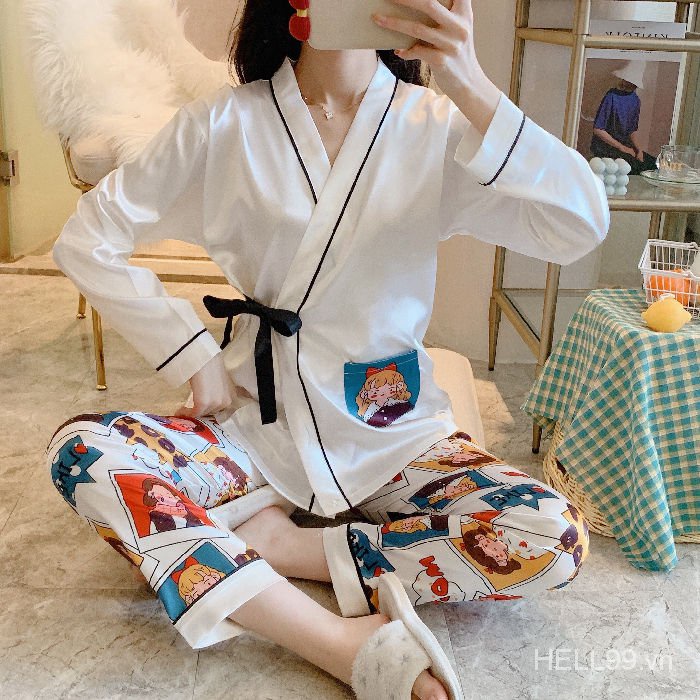 Bộ Đồ Ngủ Kimono Tay Dài Vải Lụa Lạnh Phối Dây Buộc Phong Cách Nhật Bản Thời Trang Xuân Thu Cho Nữ
