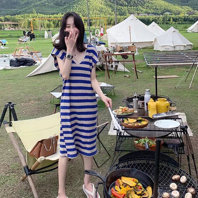 Jiashucheng Đầm Dài Cổ Chữ V Họa Tiết Kẻ Sọc Phong Cách Hoàng Gia Pháp Thời Trang Cho Nữ