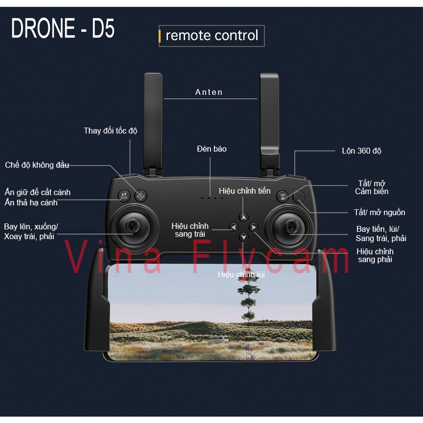 Flycam giá rẻ, Flycam S5 - Cảm biến vật cản, Camera truyền hình ảnh trực tiếp về điện thoại.