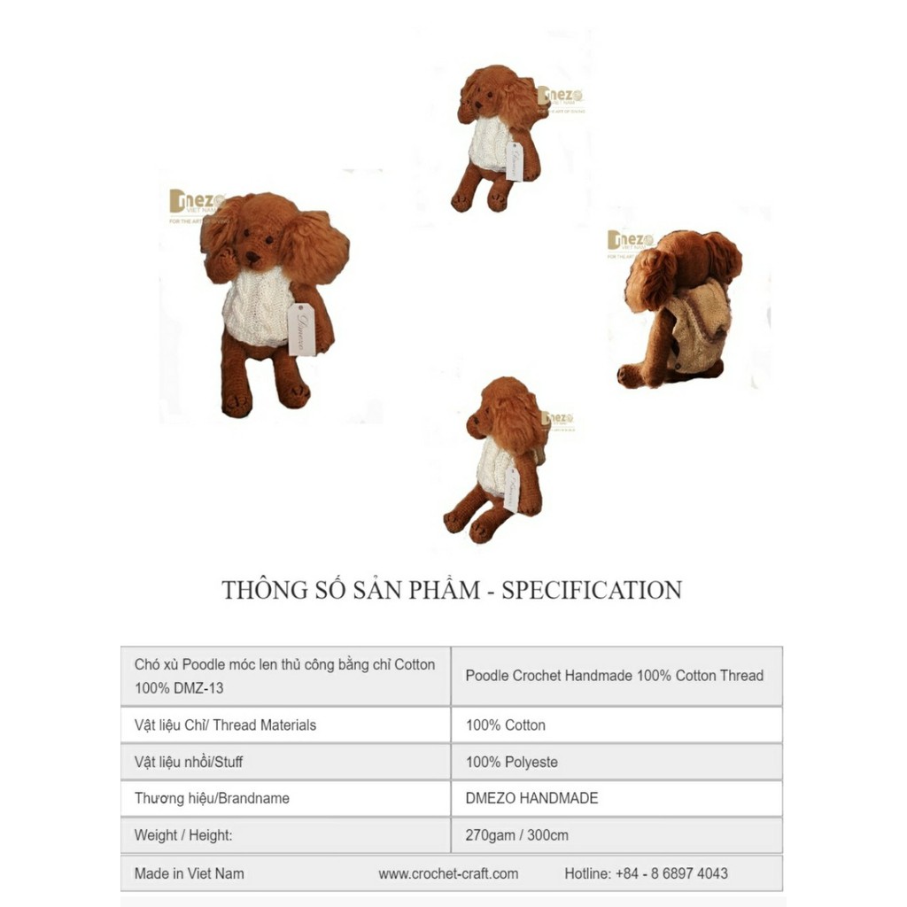 Thú nhồi bông handmade - Chó xù Poodle móc len thủ công bằng chỉ Cotton 100%  an toàn cho bé