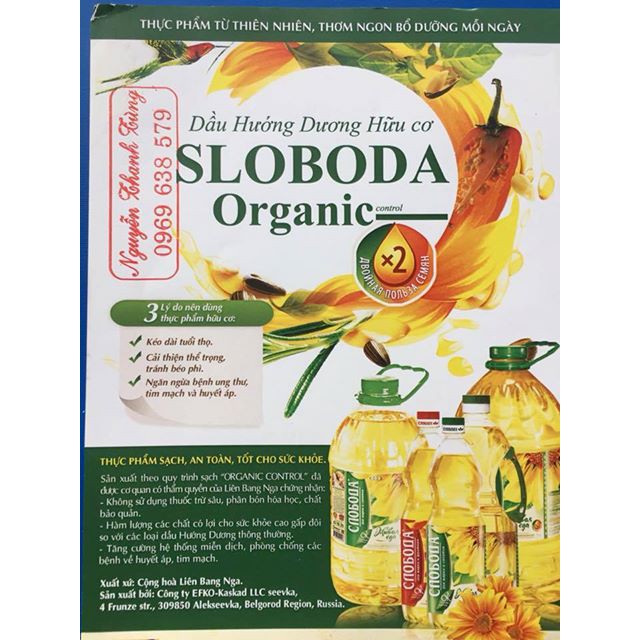 Dầu hướng dương hữu cơ Sloboda Nga 1lít số 1 Nga Date T9/2024