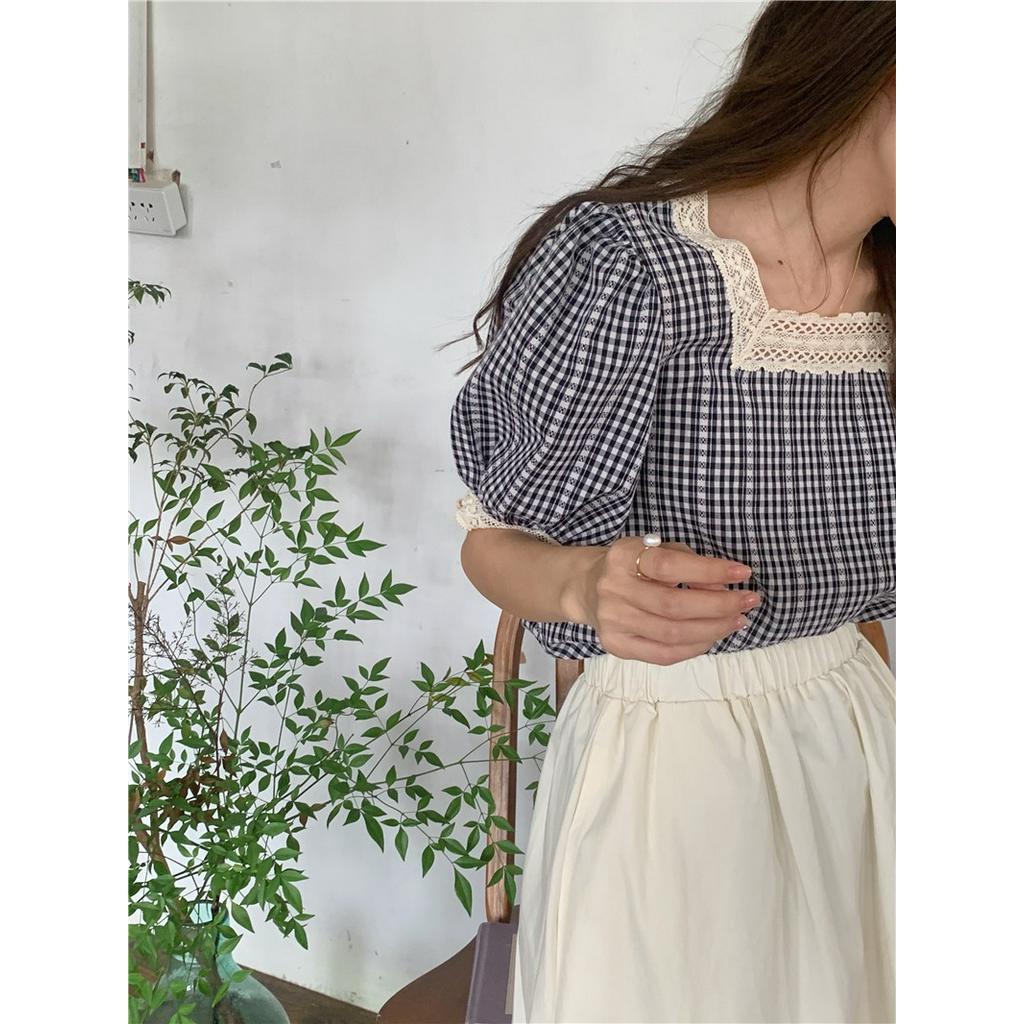 Áo Sơ Mi Nữ Tay Ngắn Kẻ Sọc Caro Phối Ren 54808