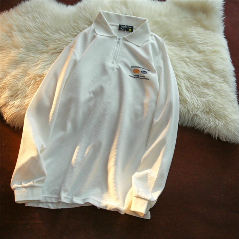 Áo Thun Polo Dài Tay In Chữ Phong Cách Retro Cho Nam Nữ