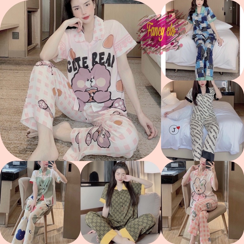 (Fancy clo+ảnh thật)Đồ ngủ tay ngắn quần dài/pijama nữ lụa mango /Đồ ngủ nữ lụa cao cấp cổ sen mặc nhà họa tiết thiết kế