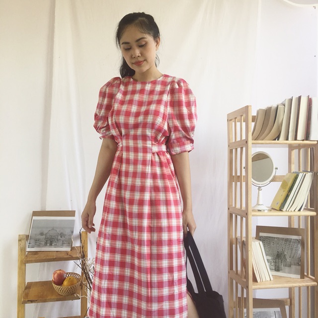 Váy caro hồng dài