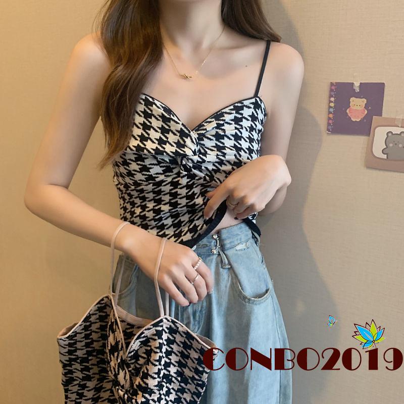 Hgm- Áo Tank Top Ôm Dáng Thắt Nút Họa Tiết Houndstooth Thời Trang Mùa Hè Cho Nữ