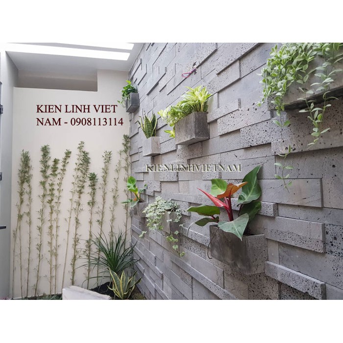 Đá ốp tường ngoài trời 3D kết hợp chậu trồng cây treo tường, gạch ốp tường ngoài trời module 23x60cm