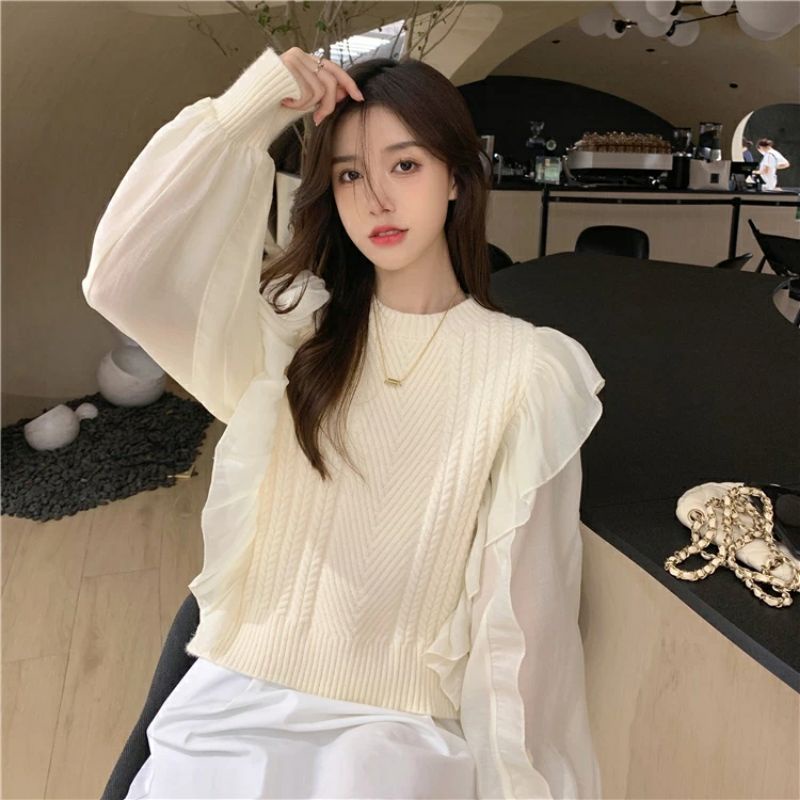 Áo len nữ tay voan tiểu thư xinh xắn 2 màu