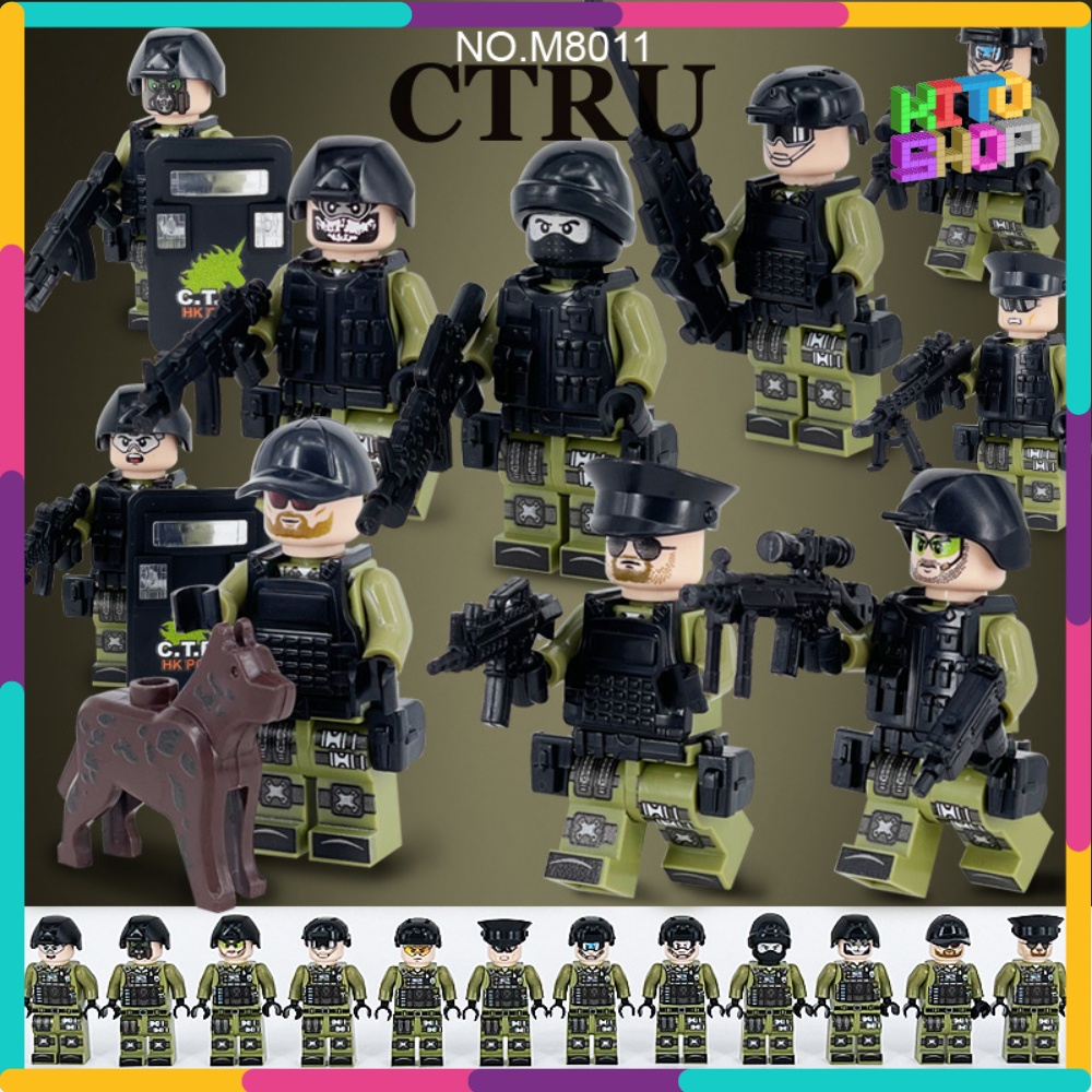 Đồ Chơi Xếp Hình Lắp Ráp Minifigures Quân Đội Cảnh Sát Swat Combo 12 Lính Có Giáp Trang Bị Và Chó Nghiệp Vụ M8011