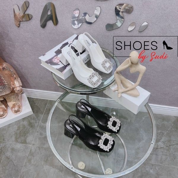 Giày cao gót 7p đế vuông slingback SUDI SHOES SD026 mũi tròn đính đá bản to màu đen trắng dễ phối đồ sang chảnh