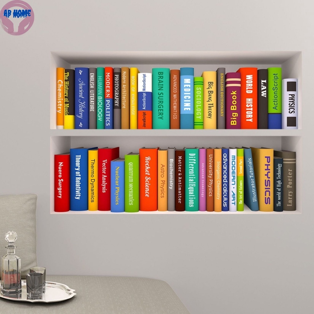 Decal giá sách giả 3D tranh trang trí nhà thư viện phòng học decor chụp ảnh