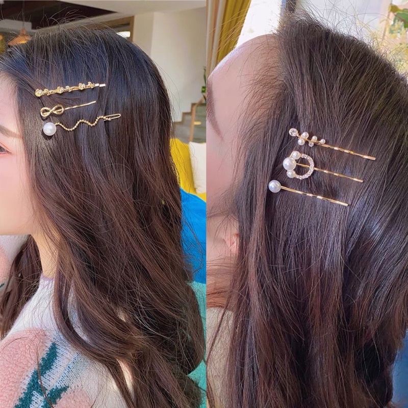 Set kẹp tóc Veronica đính đá hạt ngọc màu vàng đồng