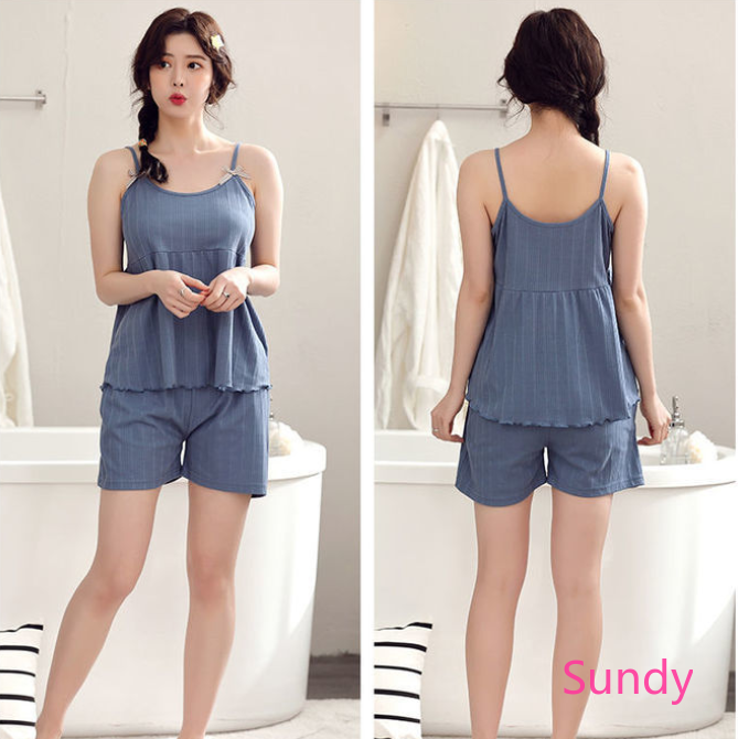 Bộ Đồ Ngủ Pijama Vải Cotton Không Tay Kiểu Hàn Quốc Thời Trang Mùa Hè Cho Nữ