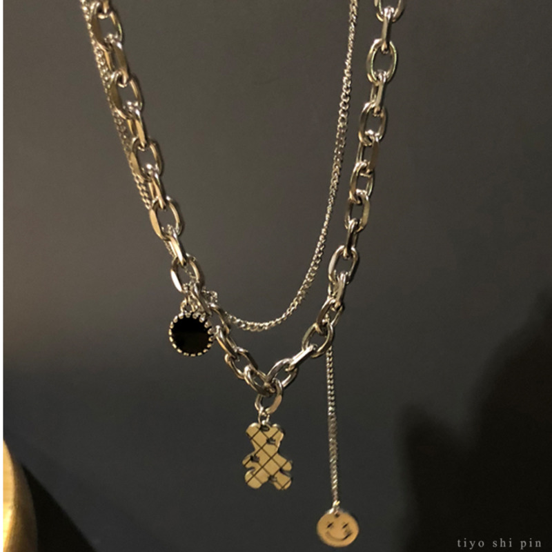 vòng cổ Hai Lớp Mặt Hình Gấu Dễ Thương Phong Cách Hip Hop