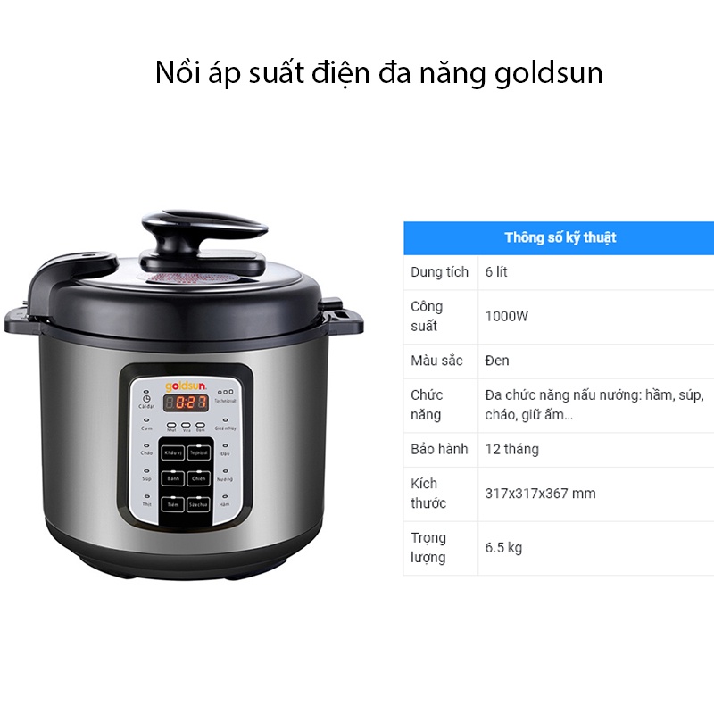 Nồi áp suất đa năng Goldsun 6L, Nồi hầm điện CD4701 - Nồi áp suất nấu cơm, hầm xương, hầm cháo - Bảo hành 12 tháng