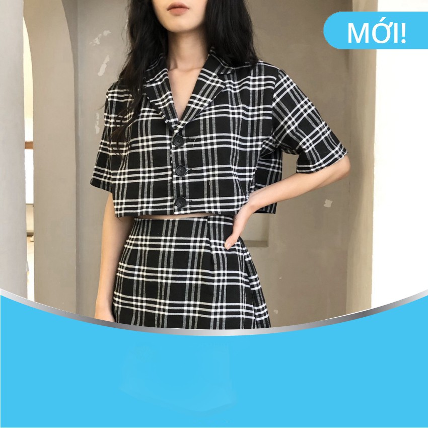 (độc lạ) SET CROPTOP ÁO VEST KẺ + QUẦN VÁY NỮ KHOÁ KÉO 4 MÀU - SET VEST CARO ÁO CROPTOP CÚC CÀI KẺ MIX CHÂN VÁY CHỮ A