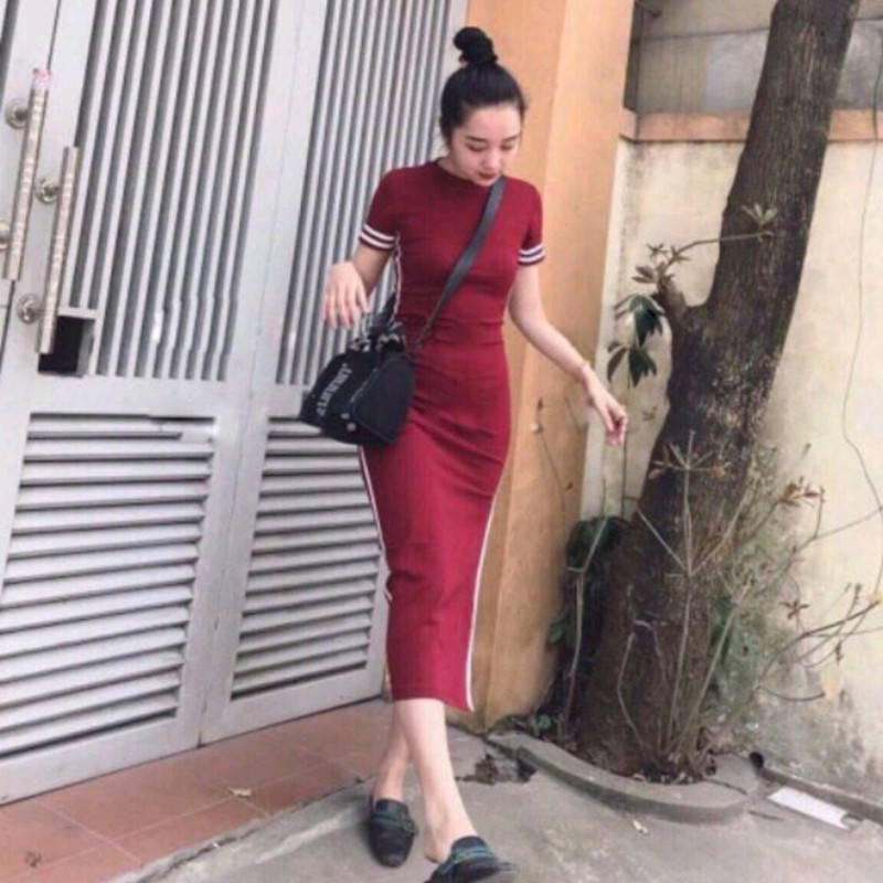 ANLY14 - Đầm Body Viền Sọc Trắng Xẻ Đùi Siêu Sang