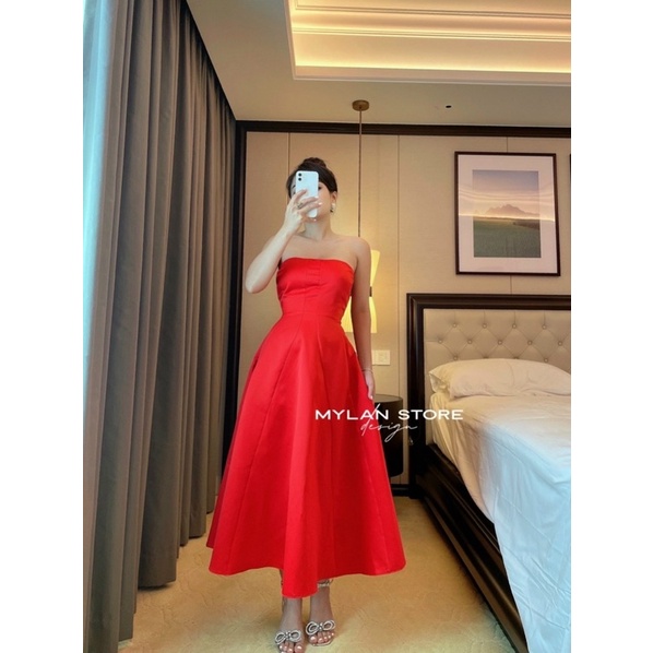 ĐẦM THIẾT KẾ MYLAN STORE MÀU ĐỎ CHẤT TAFTA NHẬP CAO CẤP