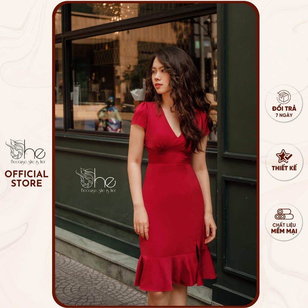 Đầm nữ dự tiệc đỏ đuôi cá sang trọng She, váy body hoa nhí voan thiết kế SDX95