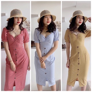 Đầm caro nút gỗ nhún ngực
