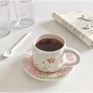 Set tách trà gốm sứ tone hồng mộng mơ (tặng kèm thìa gốm hoa tulip)