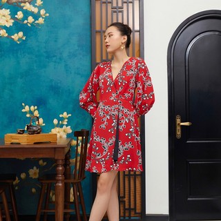Đầm hoa đỏ tay phồng cổ v edini - d1350