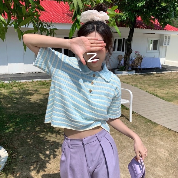 Áo thun polo dệt kim ZHELIHANGFEI tay ngắn dáng rộng họa tiết kẻ sọc thời trang cá tính cho nữ