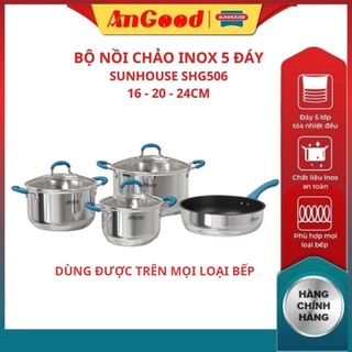 Nồi chảo Inox 304 Sunhouse MAMA SHG506, nồi chảo 5 đáy tuyền nhiệt tốt, quai màu xanh nổi bật
