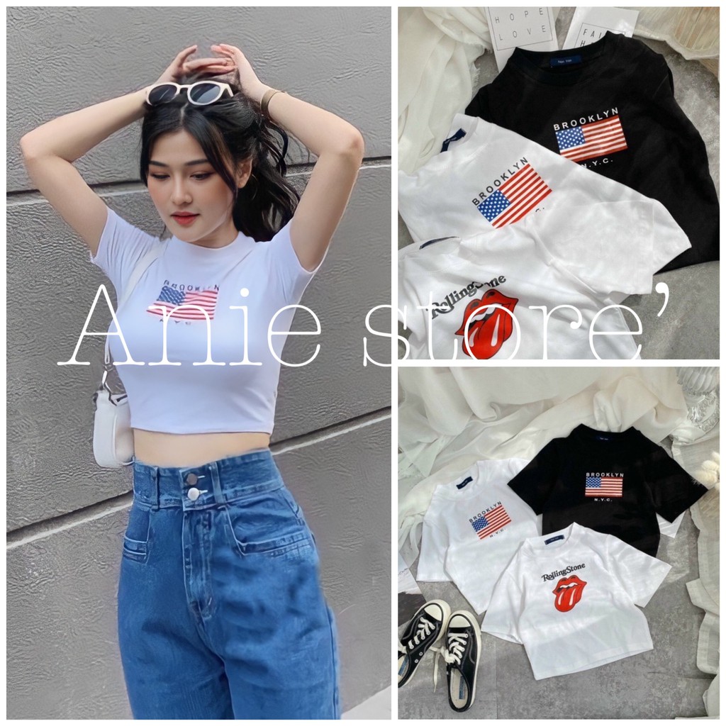 Áo Croptop Nữ Cộc Tay In Cờ 🦋 Áo Thun Crt Nữ Chất Cotton 3 Màu 🦋